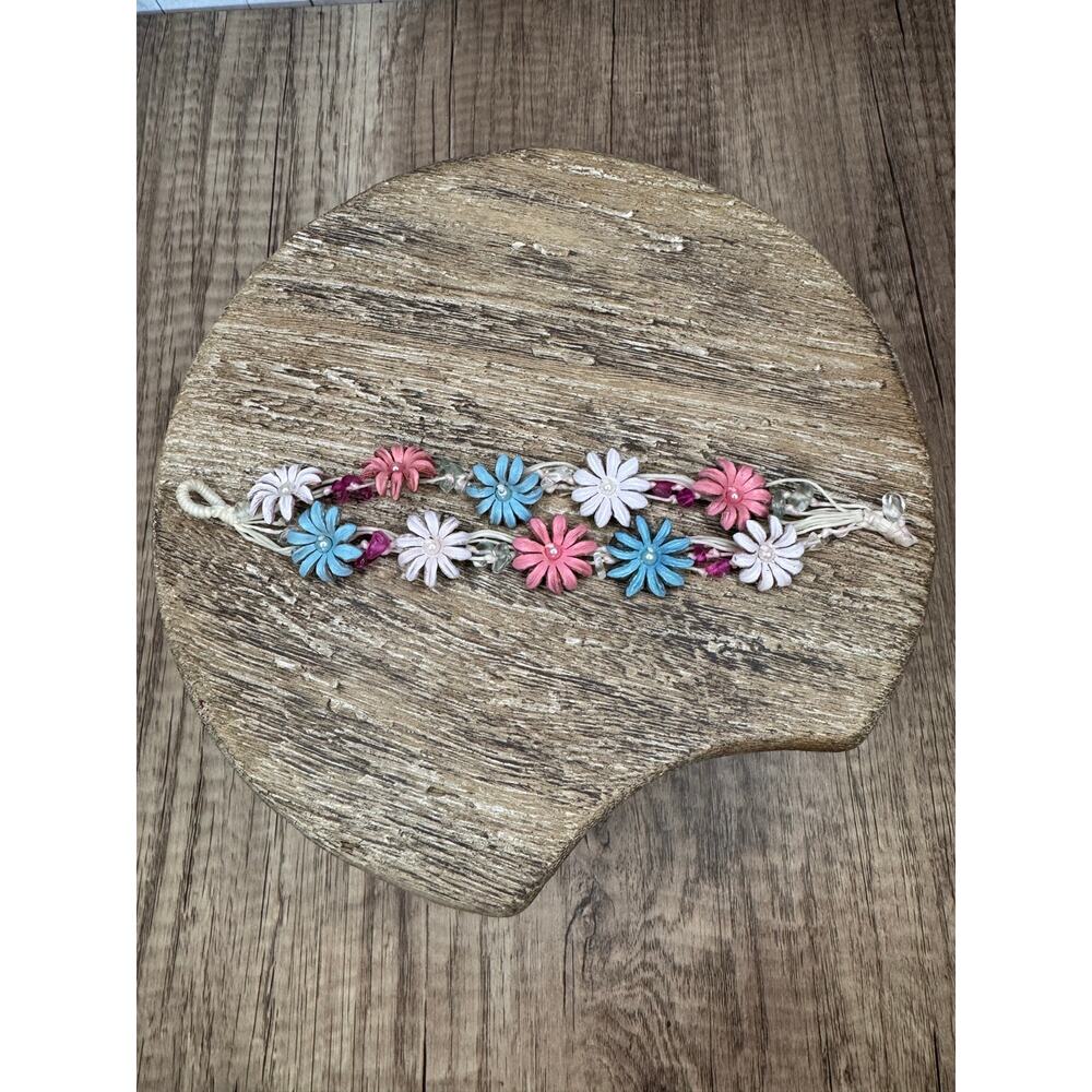 Handmade Genuine Leather Pink Blue White Flower Bracelet Beads Summer Bracelet